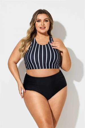 BLACK STRIPED SCOOP NECK WIDE STRAPS CROSS BACK Plus Size BIKINI SET