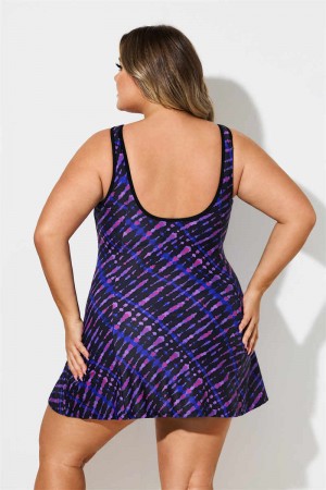 Purple And Blue Striped Scoop Neck Plus Size Swimdress