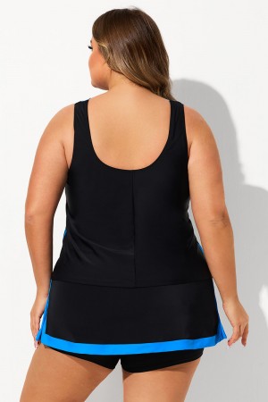 Black Colorblock V Neck Thick Strap Plus Size Tankini Set