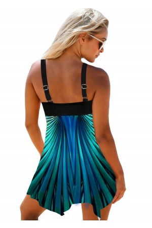 Cyan Radial Print Asymmetric Hem Swimdress