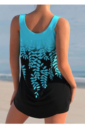 Cyan Leaf Print Ombre Color Block Tankini set