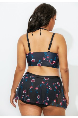 Black Floral Mesh High Neck Bikini Set