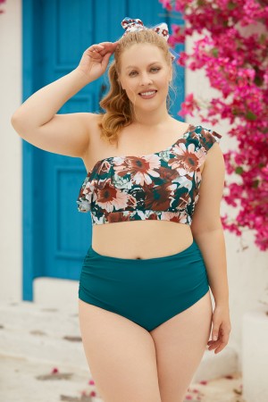 Green Floral Ruffled OneShoulder Bikini Top And HighWaist Ruching Bottom