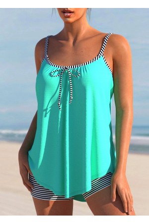 Striped Bowknot Cyan Spaghetti Strap Tankini Set