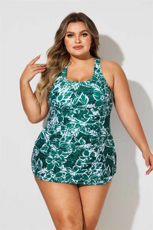 Green Flowers Print Scoop Neck Plus Size Swimdress