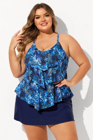 Blue Tiered Hanky Hem Scoop Neck Plus Size Swimdress