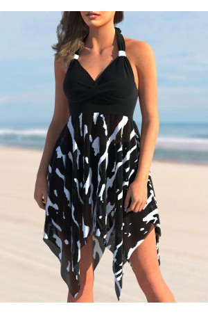 Asymmetric Hem Brushstroke Print Color Block Swimdress