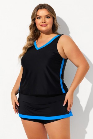 Black Colorblock V Neck Thick Strap Plus Size Tankini Set