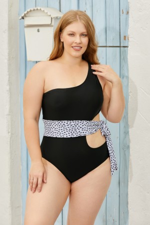 Black One Shoulder OnePiece Swimsuit with leopard Belt