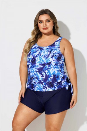 Tie Dye Print Side Tie Women Plus Size Tankini Set