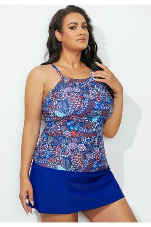 Navy High Neck Tankini Top With Skirt