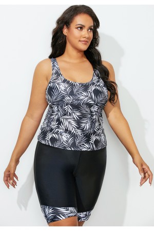 Black Leaf Print Tankini Top With Bike Short
