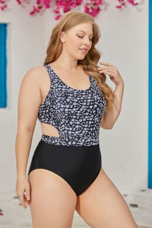 Black Floral Print Scoop Neck OnePiece Swimsuit