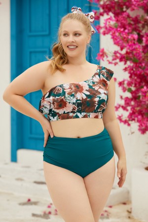 Green Floral Ruffled OneShoulder Bikini Top And HighWaist Ruching Bottom