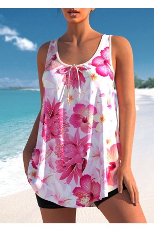 Plus Size Floral Print Pink Tankini Set