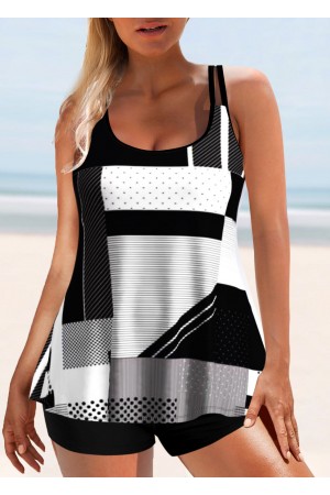 Geometric Print Black Double Straps Tankini set