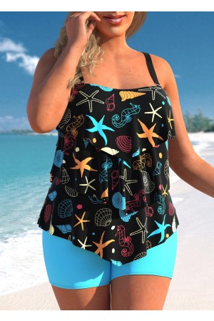 Black Sea Animals Print Layered Tankini Set