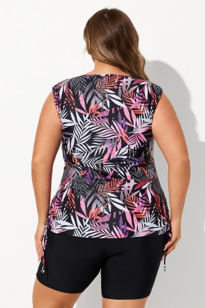 Red Leaf Print Scoop Neck Thick Strap Plus Size Tankini Set