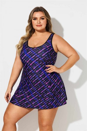 Purple And Blue Striped Scoop Neck Plus Size Swimdress