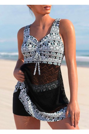 Lace Patchwork Black Tribal Print Swimdress and Shorts