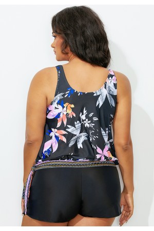 Black Floral Side Tie Blouson Tankini Set