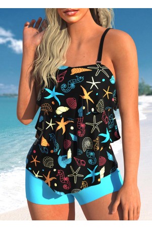 Black Sea Animals Print Layered Tankini Set
