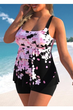 Floral Print Wide Strap Pink Tankini Set
