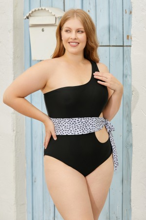 Black One Shoulder OnePiece Swimsuit with leopard Belt