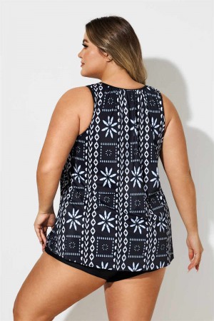 Geometric Print Wide Strap Black Plus Size Tankini Set