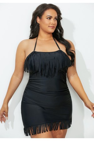 Black Fringe Bandeau Ruched Swimdress