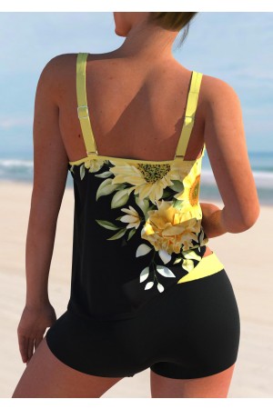 Sunflower Print Plus Size Yellow Tankini Set