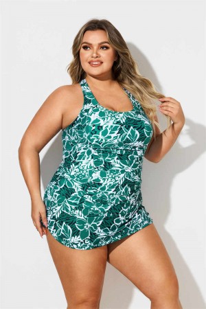 Green Flowers Print Scoop Neck Plus Size Swimdress