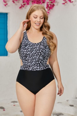 Black Floral Print Scoop Neck OnePiece Swimsuit