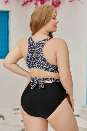 Black Floral Print Scoop Neck OnePiece Swimsuit