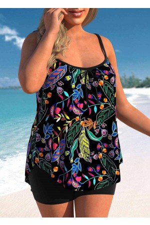 Plus Size Leaf Print Black Tankini Set