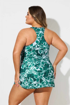Green Flowers Print Scoop Neck Plus Size Swimdress