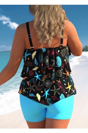 Black Sea Animals Print Layered Tankini Set