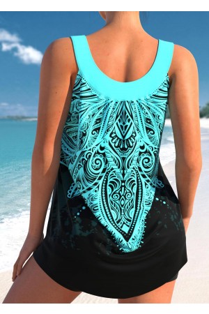 Tribal Print Wide Strap Cyan Tankini Set