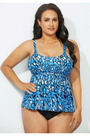 Blue Scoop Neck Gem Printed Tankini Set
