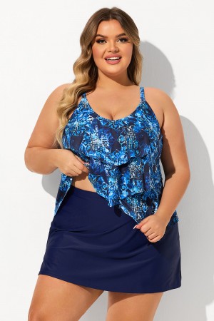 Blue Tiered Hanky Hem Scoop Neck Plus Size Swimdress