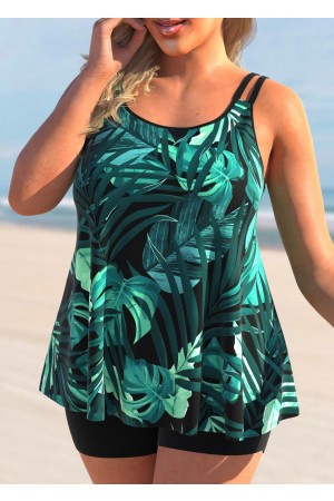 Plus Size Tropical Print Green Tankini Set