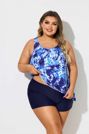 Tie Dye Print Side Tie Women Plus Size Tankini Set