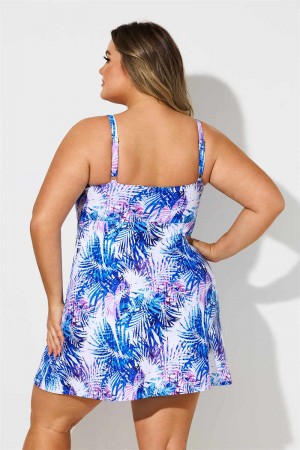 Colorful Plants Print Scoop Neck Double Straps Plus Size Swimdress