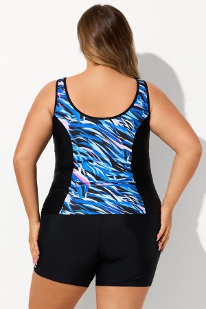 Blue Zipper Front V Neck Thick Strap Plus Size Tankini Set