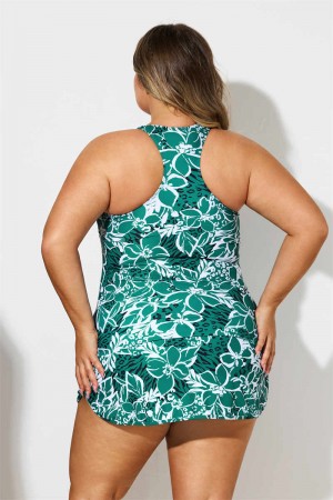 Green Flowers Print Scoop Neck Plus Size Swimdress