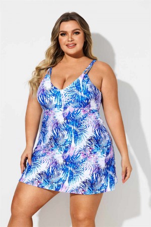 Colorful Plants Print Scoop Neck Double Straps Plus Size Swimdress