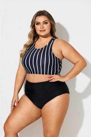 BLACK STRIPED SCOOP NECK WIDE STRAPS CROSS BACK Plus Size BIKINI SET