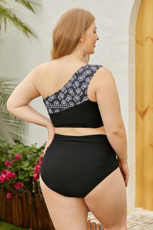 One Shoulder Colorblock Bikini Top With Black Bottom Sets