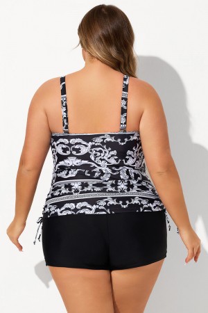 Black Cloudy Pattern V Neck Adjustable Strap Plus Size Tankini Set