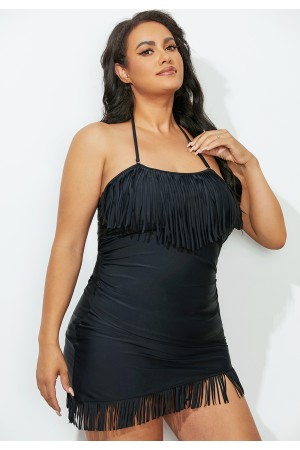 Black Fringe Bandeau Ruched Swimdress